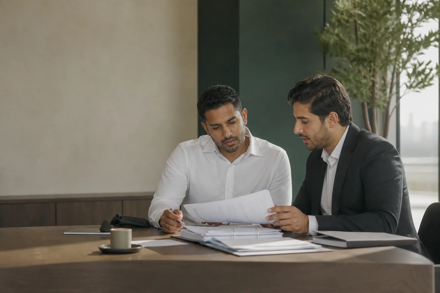 Small business owner and finance consultant reviewing organised records