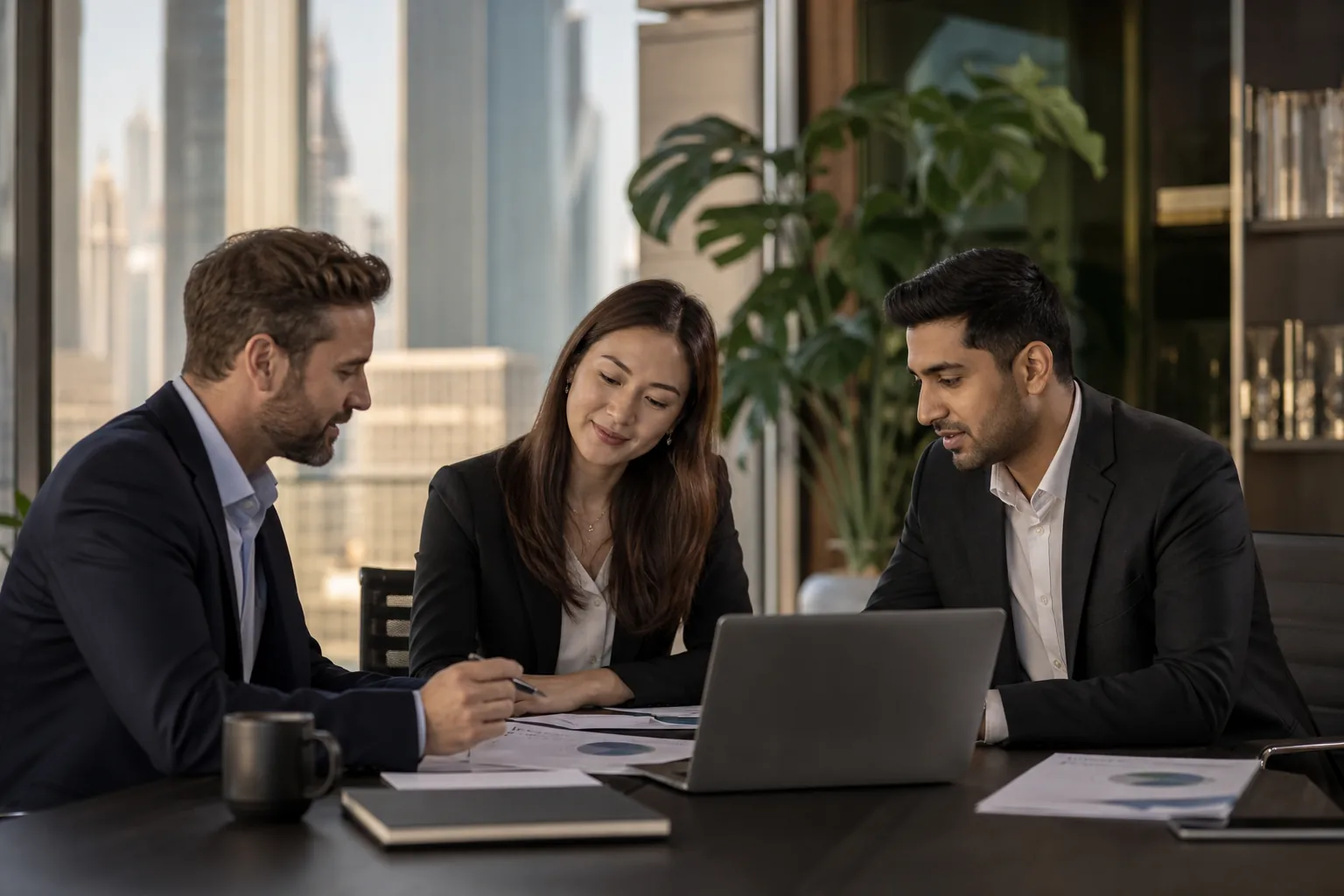 Three finance professionals discussing organised reports in a contemporary Dubai office