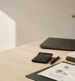 Accounting workspace with calculator and financial reports