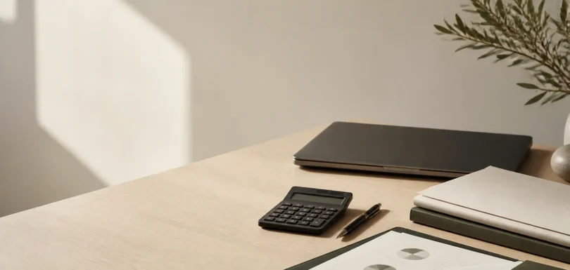 Accounting workspace with calculator and financial reports