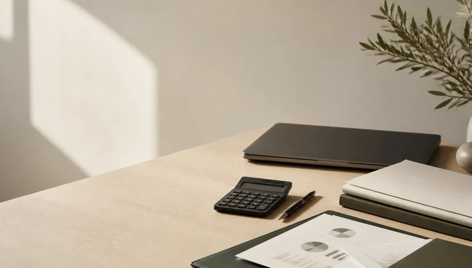 accounting-desk Accounting workspace with calculator and financial reports