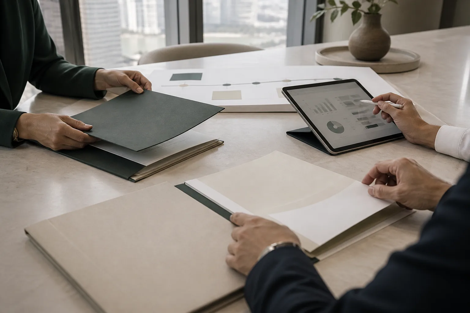 Professionals coordinating an organised finance and compliance workflow